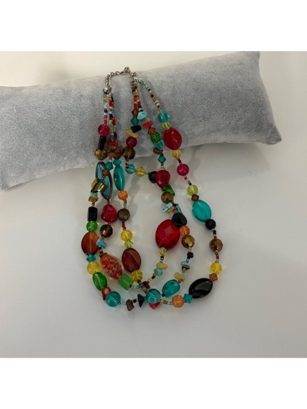Colorful Multistrand Glass Beaded Gemstone Necklace Silvertone Statement - Picture 2 of 9